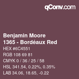 Code couleur: Benjamin Moore - 1365 - Bordéaux Red | qconv.com