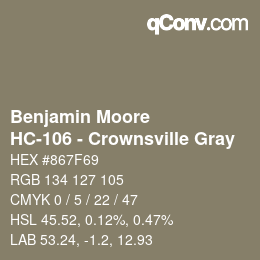 Color code: Benjamin Moore - HC-106 - Crownsville Gray | qconv.com