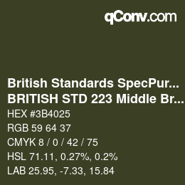 Code couleur: British Standards SpecPurposes - BRITISH STD 223 Middle Bronze Green | qconv.com