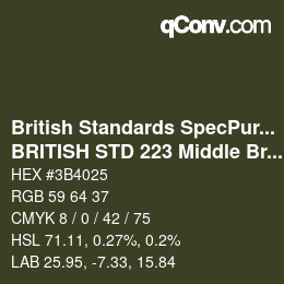 カラーコード: British Standards SpecPurposes - BRITISH STD 223 Middle Bronze Green | qconv.com