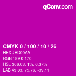 カラーコード: CMYK 0 / 100 / 10 / 26 | qconv.com