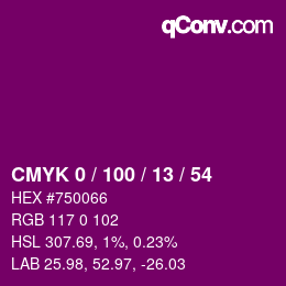 カラーコード: CMYK 0 / 100 / 13 / 54 | qconv.com