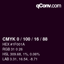 Code couleur: CMYK 0 / 100 / 16 / 88 | qconv.com