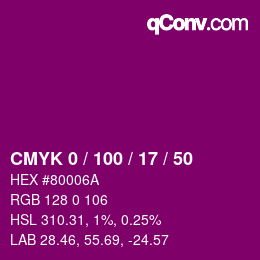颜色代码: CMYK 0 / 100 / 17 / 50 | qconv.com