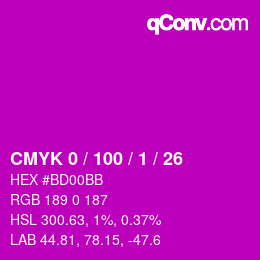カラーコード: CMYK 0 / 100 / 1 / 26 | qconv.com