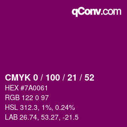 Farbcode: CMYK 0 / 100 / 21 / 52 | qconv.com