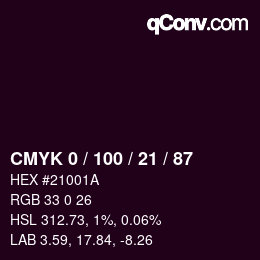 カラーコード: CMYK 0 / 100 / 21 / 87 | qconv.com