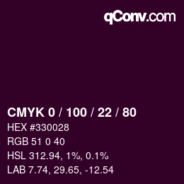 Farbcode: CMYK 0 / 100 / 22 / 80 | qconv.com