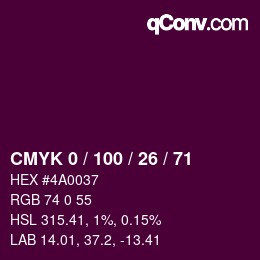 Color code: CMYK 0 / 100 / 26 / 71 | qconv.com