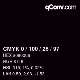 カラーコード: CMYK 0 / 100 / 26 / 97 | qconv.com