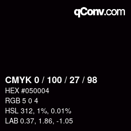 Color code: CMYK 0 / 100 / 27 / 98 | qconv.com