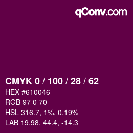 Color code: CMYK 0 / 100 / 28 / 62 | qconv.com