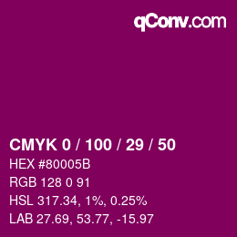 Color code: CMYK 0 / 100 / 29 / 50 | qconv.com