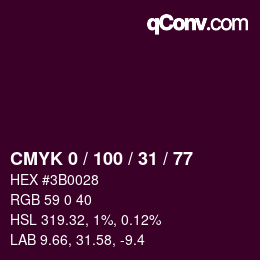 カラーコード: CMYK 0 / 100 / 31 / 77 | qconv.com
