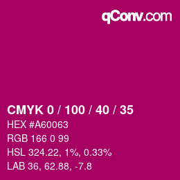カラーコード: CMYK 0 / 100 / 40 / 35 | qconv.com
