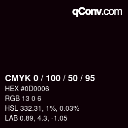 Code couleur: CMYK 0 / 100 / 50 / 95 | qconv.com