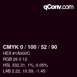 カラーコード: CMYK 0 / 100 / 52 / 90 | qconv.com