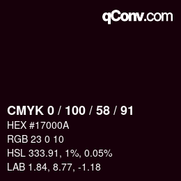 颜色代码: CMYK 0 / 100 / 58 / 91 | qconv.com