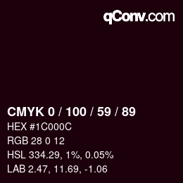Farbcode: CMYK 0 / 100 / 59 / 89 | qconv.com