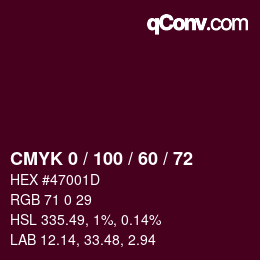カラーコード: CMYK 0 / 100 / 60 / 72 | qconv.com