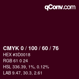 颜色代码: CMYK 0 / 100 / 60 / 76 | qconv.com