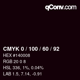 カラーコード: CMYK 0 / 100 / 60 / 92 | qconv.com