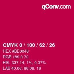 颜色代码: CMYK 0 / 100 / 62 / 26 | qconv.com