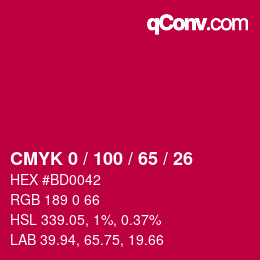 Color code: CMYK 0 / 100 / 65 / 26 | qconv.com