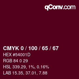 Color code: CMYK 0 / 100 / 65 / 67 | qconv.com