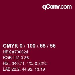 カラーコード: CMYK 0 / 100 / 68 / 56 | qconv.com