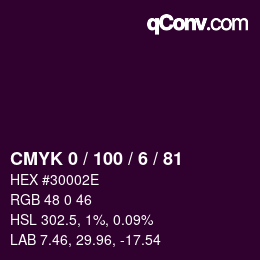 Code couleur: CMYK 0 / 100 / 6 / 81 | qconv.com