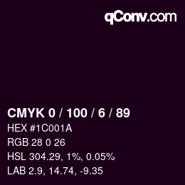 カラーコード: CMYK 0 / 100 / 6 / 89 | qconv.com