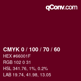 カラーコード: CMYK 0 / 100 / 70 / 60 | qconv.com