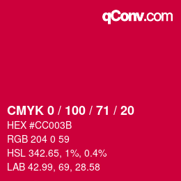 颜色代码: CMYK 0 / 100 / 71 / 20 | qconv.com
