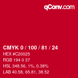 颜色代码: CMYK 0 / 100 / 81 / 24 | qconv.com