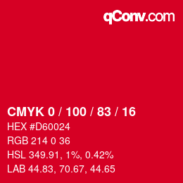 Code couleur: CMYK 0 / 100 / 83 / 16 | qconv.com