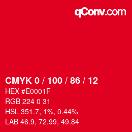 颜色代码: CMYK 0 / 100 / 86 / 12 | qconv.com