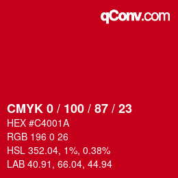 颜色代码: CMYK 0 / 100 / 87 / 23 | qconv.com