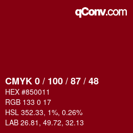 颜色代码: CMYK 0 / 100 / 87 / 48 | qconv.com