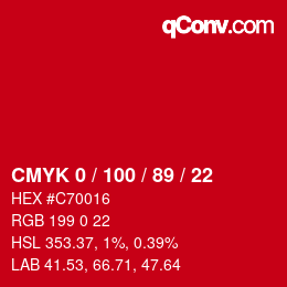 カラーコード: CMYK 0 / 100 / 89 / 22 | qconv.com