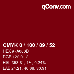 Farbcode: CMYK 0 / 100 / 89 / 52 | qconv.com