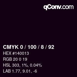 カラーコード: CMYK 0 / 100 / 8 / 92 | qconv.com