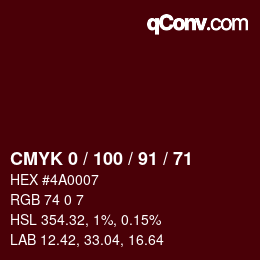 Color code: CMYK 0 / 100 / 91 / 71 | qconv.com