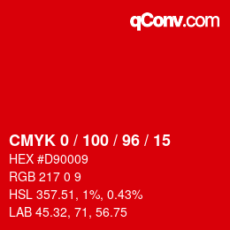 颜色代码: CMYK 0 / 100 / 96 / 15 | qconv.com