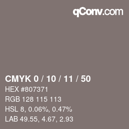 カラーコード: CMYK 0 / 10 / 11 / 50 | qconv.com