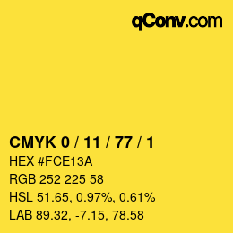 カラーコード: CMYK 0 / 11 / 77 / 1 | qconv.com