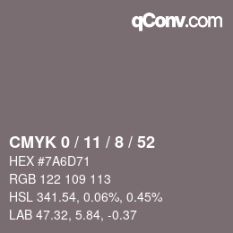 カラーコード: CMYK 0 / 11 / 8 / 52 | qconv.com
