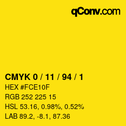 カラーコード: CMYK 0 / 11 / 94 / 1 | qconv.com