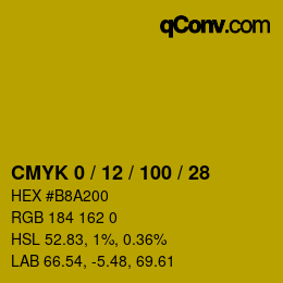 Code couleur: CMYK 0 / 12 / 100 / 28 | qconv.com