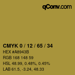 カラーコード: CMYK 0 / 12 / 65 / 34 | qconv.com